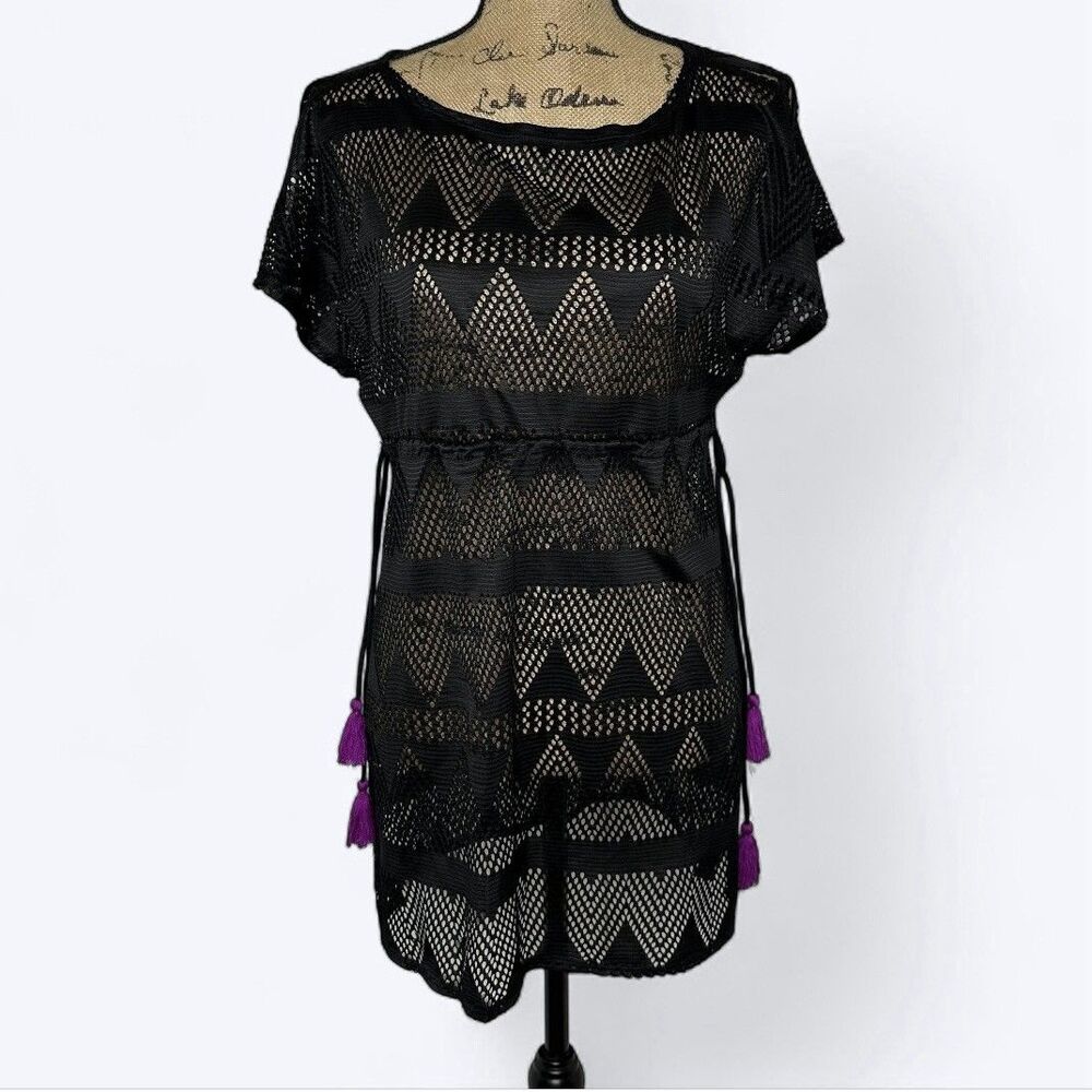 No Boundaries Black Mesh Swim Coverup Sz S Pullover Drawstring Tassel Beach NoBo